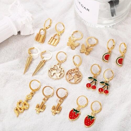 9 Pairs/Set Fruit Strawberry Watermelon Tassel Earrings Gold Color Geometric Snake Round Circle Hoop Earrings Party Jewelry Gift