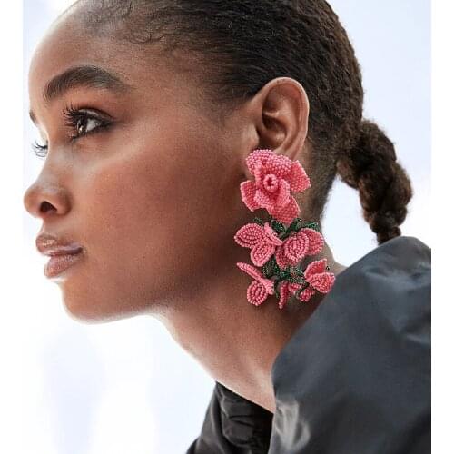 AE-CANFLY 2020 Bohemia Red Flowers Drop Earrings Handmade Beads Tassel Big Earrings for Women Jewelry Vintage Drop Big Earrings