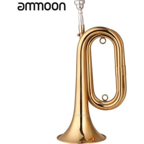 Ammoon Brass Bugle Call Gold-Plated Trumpet Cavalry Horn with Mouthpiece Carrying Bag Musical Instrument for Beginner Band play