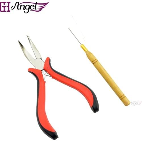 Angels Hot Sale! 1pc Bend Tip Curly Plier+1pc Pulling Needle for Micro Rings/Links/Beads Feather Hair Extensions Tools Kits