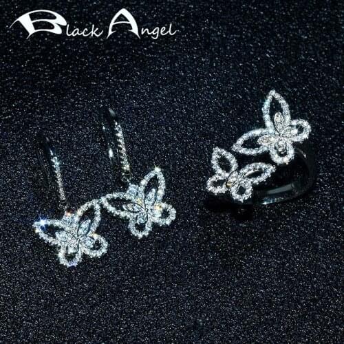 BLACK ANGEL 2021 New 925 Silver Elegant Cute Butterfly White Gemstone Drop Earrings Resizable Ring For Women Wedding Jewelry Set