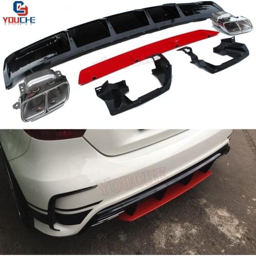 For Mercedes W176 A Class A180 A200 A250 AMG Package A45 Style Diffuser & 304 Stainless Steel 4-outlet Exhaust Tips 2012 - 2018