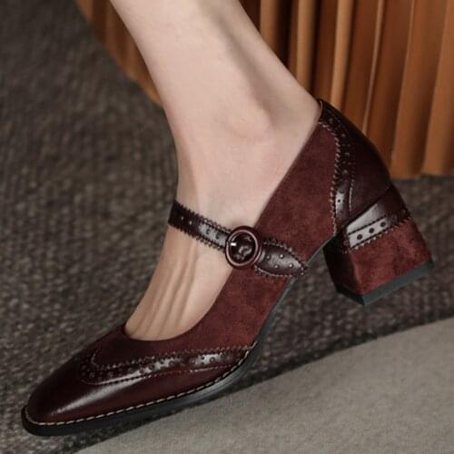 INS HOT Women pumps natural leather shoes 22-25cm length Brogues shoes Cowhide + sheep suede Mary Jane shoes Thick heel