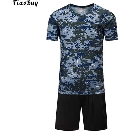 TiaoBug Summer Girls Boys Student Sport Suit Short Sleeves Camouflage Print T-Shirt And Shors Set For Workout Training Camping