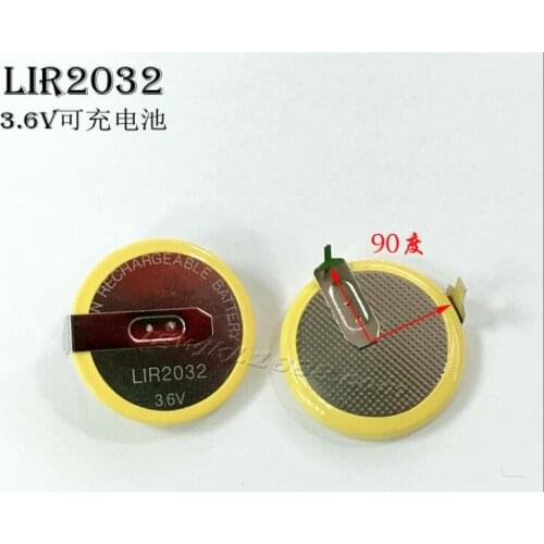 100PCS LIR2032 3.6V rechargeable lithium battery button battery 90° welding feet LIR 2032