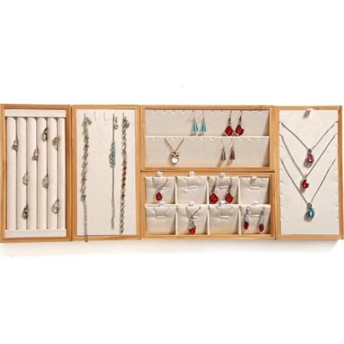 Samonica Multi-function Bamboo Jewelry Display Earrings necklace Ring Holder Rack Display Stand Tray