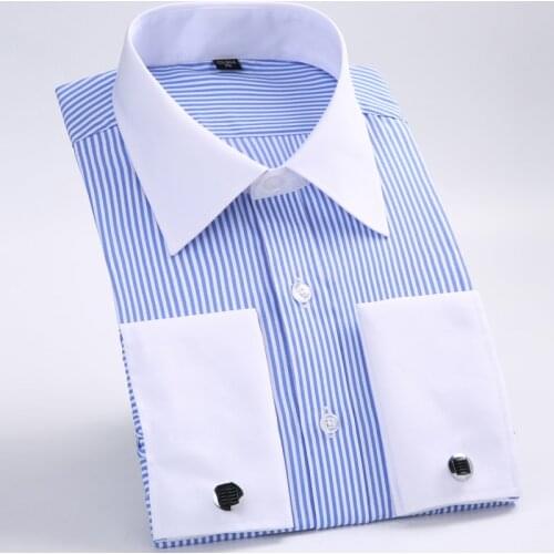 Loose large size mens French cufflinks shirt Long sleeve flannel business casual shirt camisa masculina striped solid 6XL 5XL