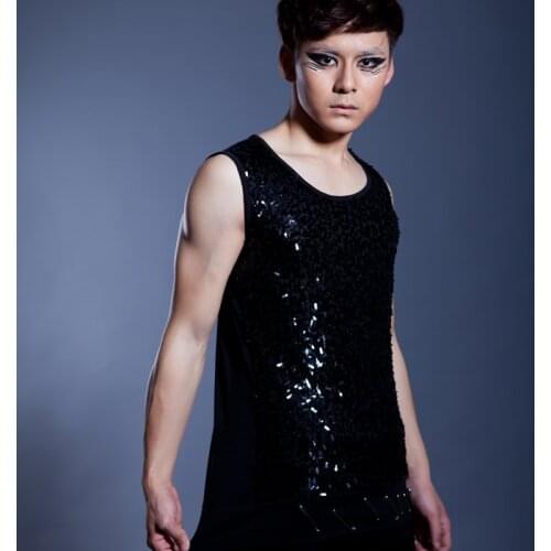 Male costume ! Fashion Rivet Personalized Paillette Sleeveless Slim S-shirt Costumes Stage show singer dancer perforamnce wear