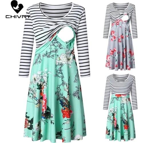 New Maternity Dress Pregnant Women Long Sleeve O-neck Striped Floral Print Nursing Breastfeeding Dress Maternity Dress Vestidos