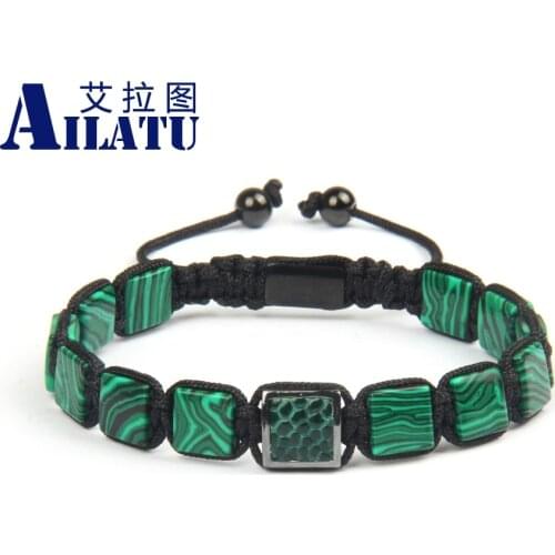 New Luxury Green Python Leather Bracelet Mens Jewelry Rope Chain Copper Jewelry Man-made Malachite Stone Beads Bangle