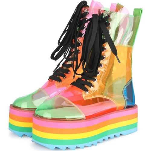 New Platform Rainbow Boots Fashion Transparent PU Boots Sweet Girl Platform Shoes Super High Heel Candy Colors Sneakers Women