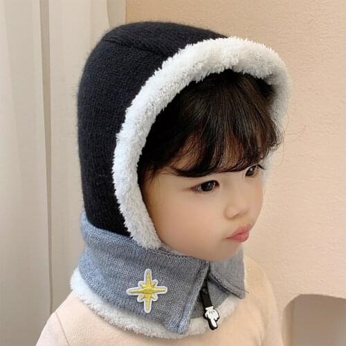 Autumn Winter Bomber Hat 2-in-1 Children Knitted Cap Boys Girls Woolen Plush Hats Cap Scarf Elastic Outdoor Soft Casual Warm Cap