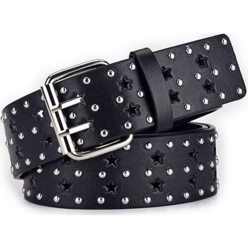 New Women Rivet Belt Luxury Designer Double Row Hole Hollow Belts Women Casual Pin Buckle Female Belts Jeans Strap Waist Belt
