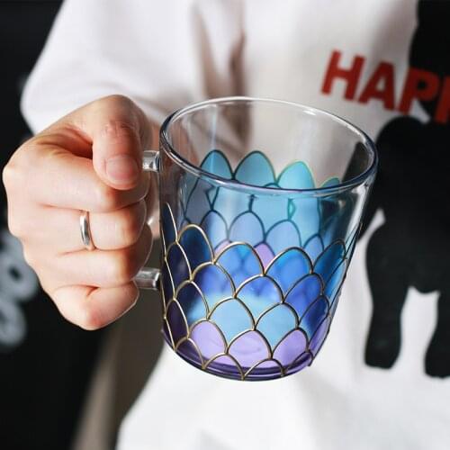 Romantic mermaid fish scale gold thread with handle mug high temperature resistant household tea cup couple coffee glass cup