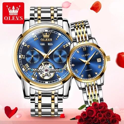 OLEVS Luxury Couple Watch Automatic Mechanical Mens And Womens Waterproof Stainless Steel Blue Couple Watch Relogio Masculino