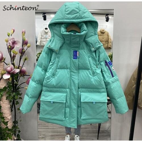 Schinteon Women Parka White Down Jacket Loose Over Size Coat with Removable Hood Autumn Winter Windbreaker Outwear 2021 New