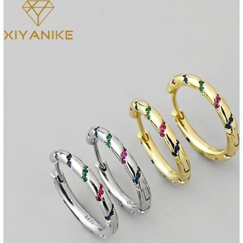 XIYANIKE 925 Sterling Silver Round Bevel Striped Multicolored Diamonds Hoop Earrings Female Exquisite Jewelry All-match Party