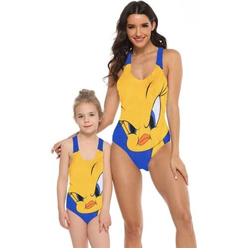 Mom and Daughter Cute Bird One Piece Swimsuits Cartoon Family Matching Bikini Swimwear Swimming Bathing Suits Beachwear