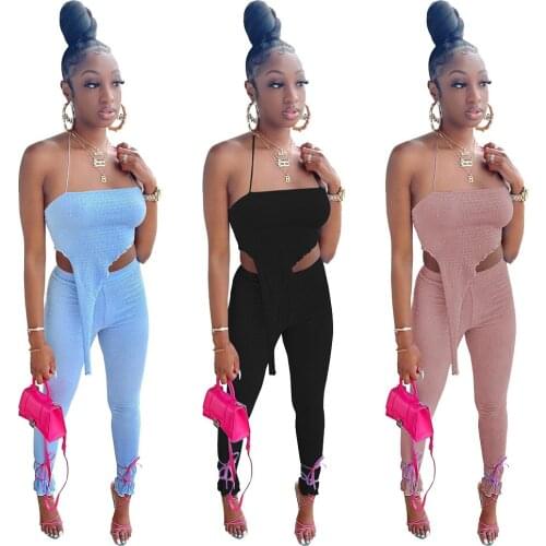 Streetwear Casual Puff Wrinkle Pleated 2 Piece Outfits Summer Sexy Halter Irregular Crop Top + Pencil Pants Slim Two Piece Set