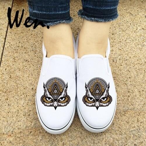 Wen Original Design Mask Eagle Totem Hawk Slip On Flats Women White Shoes Canvas Black Sneakers Men Low Top Platform Plimsolls