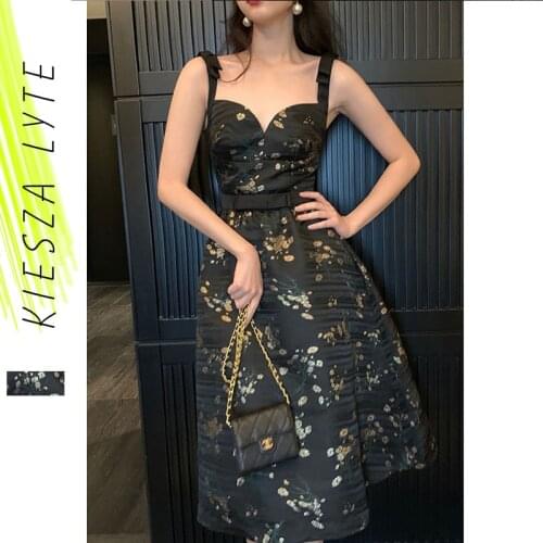 Vintage Black Floral Dress for Summer 2021 Sleeveless V-Neck Party Midi Dresses Elegant Women Bud Vestido Female