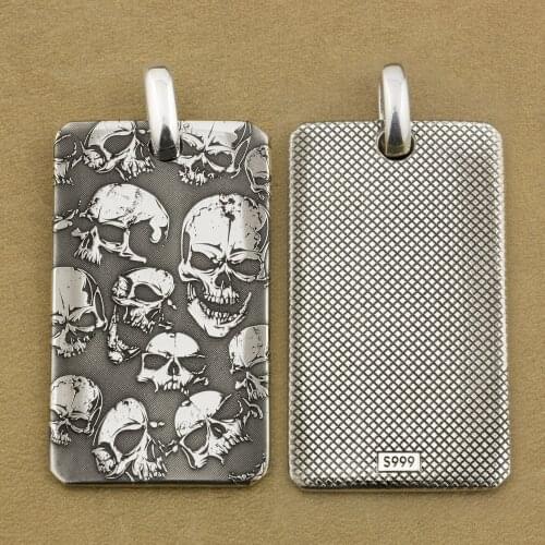 High Details 999 Pure Silver Deep Laser Engraved Skulls DogTag Mens Biker Rock Punk Pendant 9X032S Just Pendant
