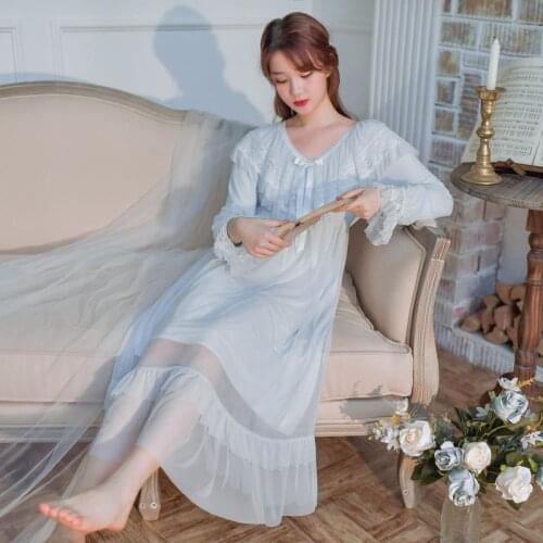 Women Autumn Vintage Long Nightgowns Sexy Ruffles Decor V-Neck Thicken Modal Night Dress Princess Full Sleeves Lace Home Dress