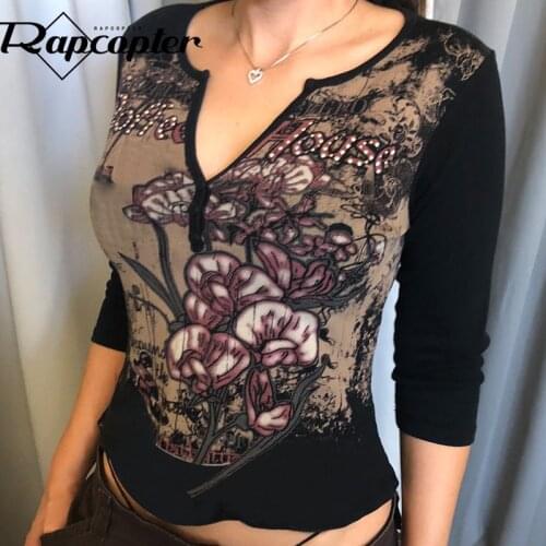 Rapcopter Black Printed y2k Crop Top Floral V Neck Retro T Shirt Long Sleeve Slim Pullovers Harajuku Patchwork Women Basic Tee