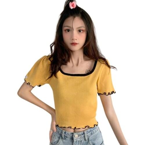 Women Thin Summer Knitting T Shirts Square Neck Wooden Ears Crop Top Summer Short Sleeve Tee