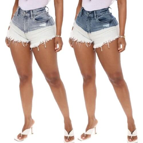 Women Summer Denim Shorts High Waist Ripped Hole Stretch Tassel Jeans Shorts Pants
