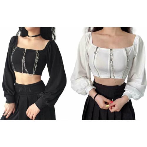 Womens long-sleeved crop short top with zip and metal chain