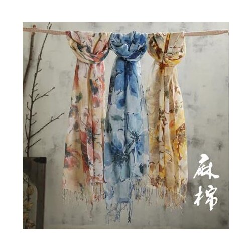 100% Linen Floral Print Women Spring and Autumn scarf Pure Linen Scarf Long Beach Scarfs For Ladies