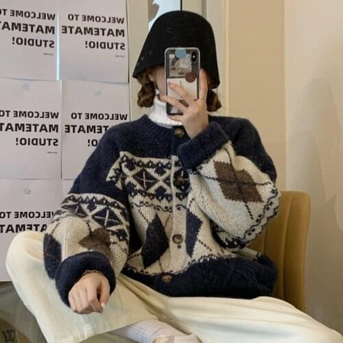 Sannian Spring And Autumn Retro Rhombus Sweater Cardigan Jacket Womens Clothes 2021 New Top Loose Outside Wear Lazy Sweater Top