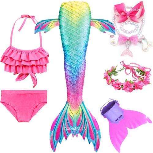 2021 Girls Swimmable Mermaid Tail Princess Dress with Monofin Kids Holiday Mermaid Costume Cosplay Swimsuit Birthday