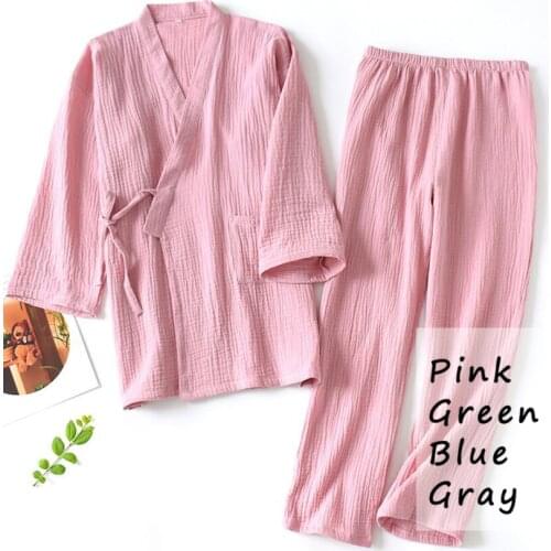 100% Cotton Pajamas Sets Loose Bathrobes V-Neck Kimono Pijama Mujer Three Quarter Sleepwear Men Women Robes Sleepwear 5 Colors