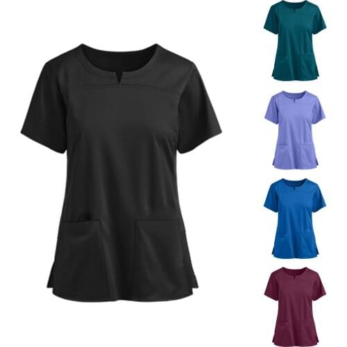 4xl Plus Size Soild Blouse Tops Womens Short Sleeve Tunic Causl V-neck Pocket Care Workers Shirts Summer Blouses Блузка Женская
