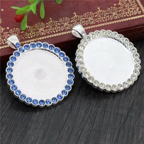 5pcs 30mm Inner Size Bright Silver Plated Transparent and Blue Rhinestone Style Cameo Cabochon Base Setting Pendant