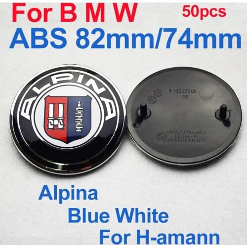 50pcs/set For Blue White alpina 82mm 74mm ABS Black Base 2PINS Car Front Hood Rear Trunk Emblem Boot Covers Accessory