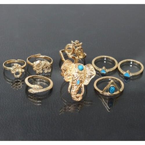 8 Pcs/Set Boho Vintage Elephant Snake Shape Blue Stones Ethnic Style Golden Silver Plated Midi Rings For Women