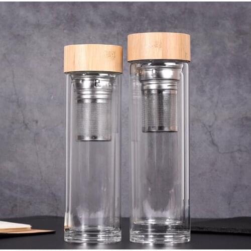450ml Bamboo Lid Water Cups Double Walled Glass Tea Tumbler With Strainer And Infuser Basket Glass Water Bottles
