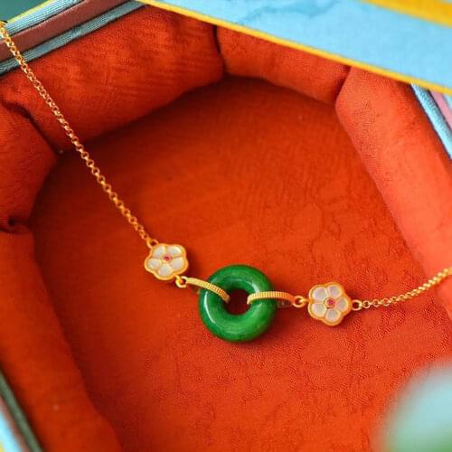 S925 Sterling Silver Flowers Bracelet Natural Hetian Jade Green Jade Peace Buckle Simple and High-End Temperament Gilding Bracel