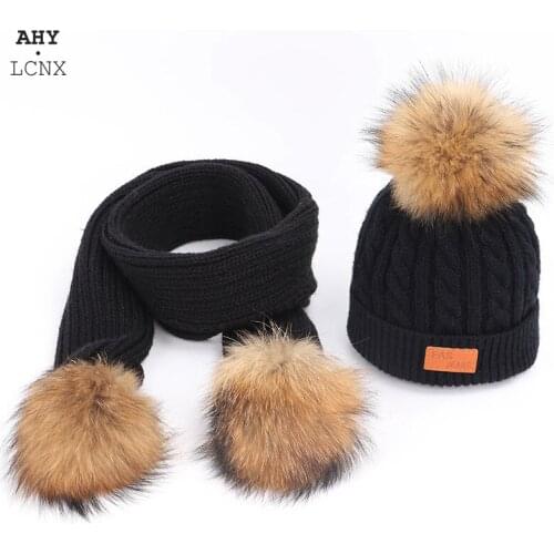 Girls Boys Cap Pompon Hats and Scarves Sets Winter Knitted Warm Nature Childerens Hat Scarf Thick Beanies Hat Caps Kids Baby