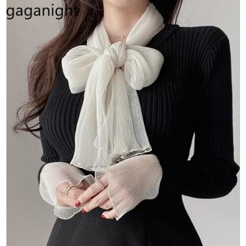 Gaganight Elegant Women Bow Patchwork Sweater Fall Winter Solid Slim Knitted Pullover Office Lady Chic Korean Fashion Jumpers