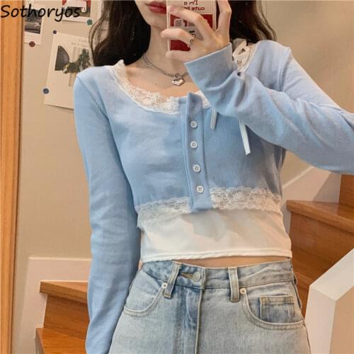 Women Cardigans Lace Patchwork Knitted Crop Tops Slim Elegant Thin Summer Sun-protection Sweaters Gentle Students Ulzzang Trendy