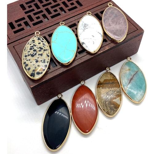 Natural Stone Pendant Oval Speckled Stone White Turquoise Golden Sand Stone Gold Edge Necklace DIY Jewelry Making Accessories