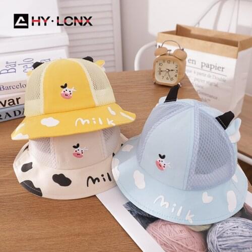 Summer New Child Cow Embroidery Cotton Breathable Net Sun Fisherman Hat Boy Girl Outdoor Cute Cartoon Decorative Bucket Hat