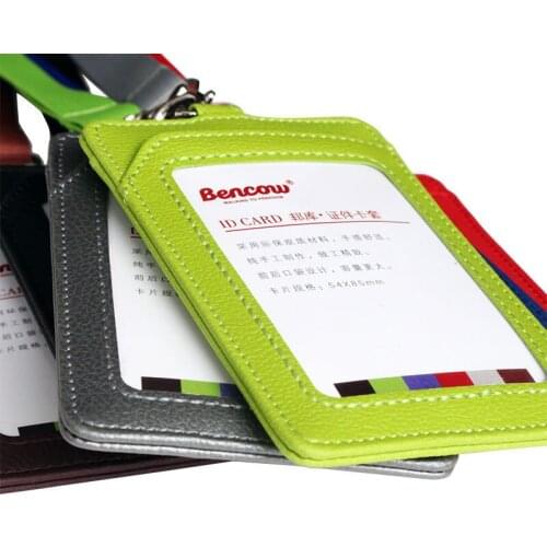 Badges lanyard Credit Card Holder Wallet Men Women Employee badge holder Vintage Crazy Horse PU Leather Bank Cardholder Case