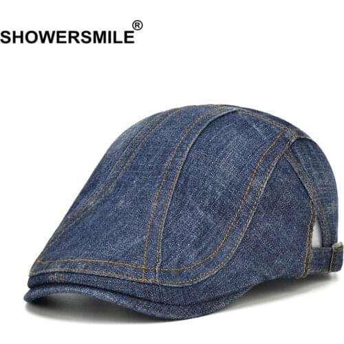 SHOWERSMILE Denim Flat Cap for Men Women Beret Hat Casual Irish Cap Blue British Retro Male Female Adjustable Ivy Cabbie Cap