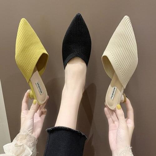Women Fashion Casual Pointed Toe Female Mujer Lady Woman Half Mules Slippers Med Stilettos Heels Loafers Slides Shoes