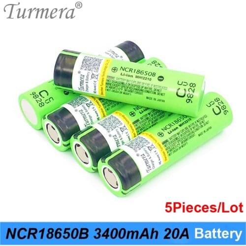 Turmera 100% Original 18650 Battery NCR18650B 3.7V 3400mAh 20A Rechargeable Lithium Battery for Screwdriver Flashlight 5Pieces